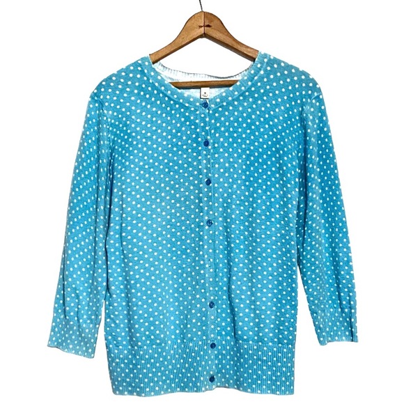 Cherokee Blue White Polka Dot Button Front Cardigan Sweater Ribbed 3/4 Sleeve XL - Picture 14 of 15